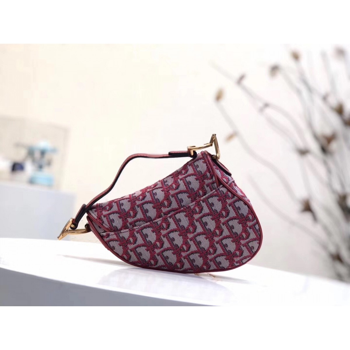 Dior Mini Saddle Bag In Bordeaux Oblique Jacquard Canvas High Quality Replica